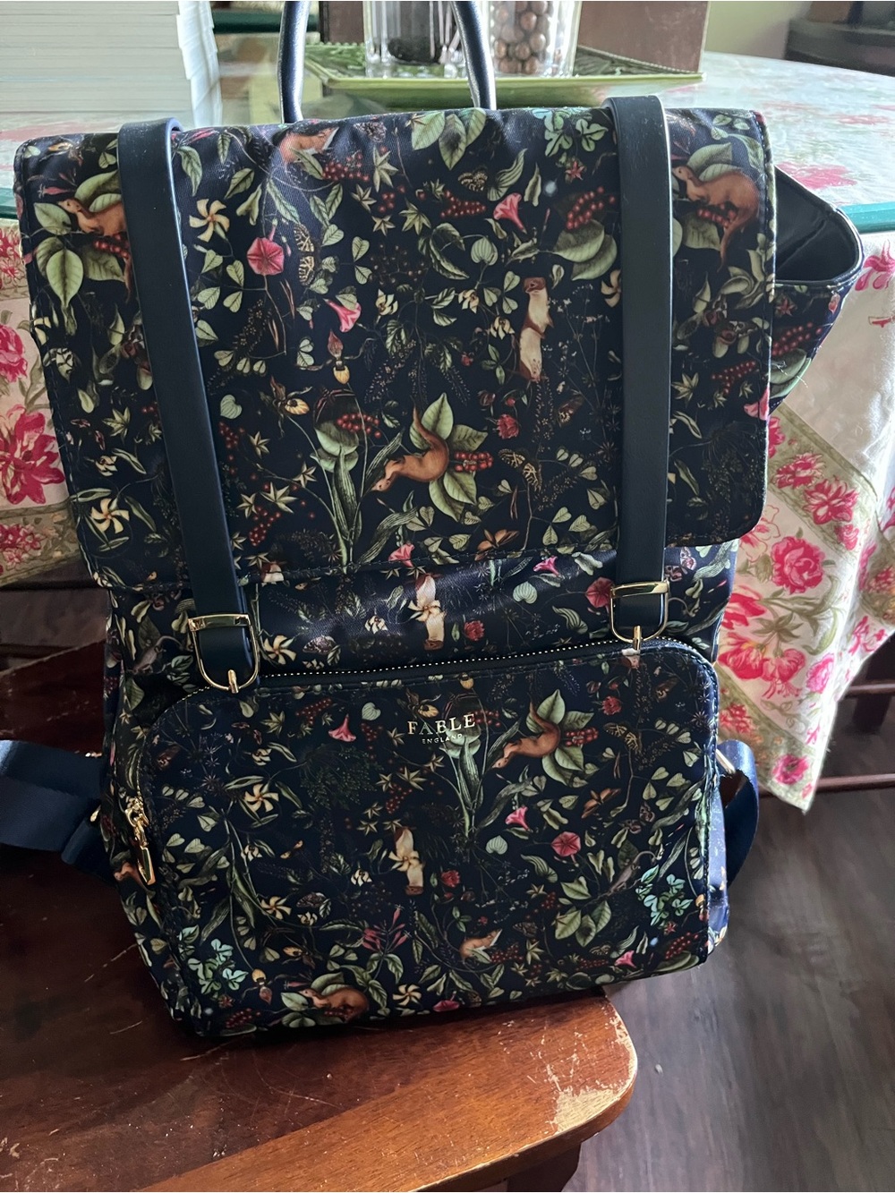 Fable England Dark Navy Floral Botanical Backpack with Gold Accents